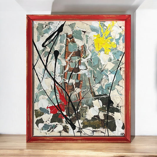 Original Framed Mixed Media Abstract Art Collage 9x11 "1968 Golden Gate Bridge"