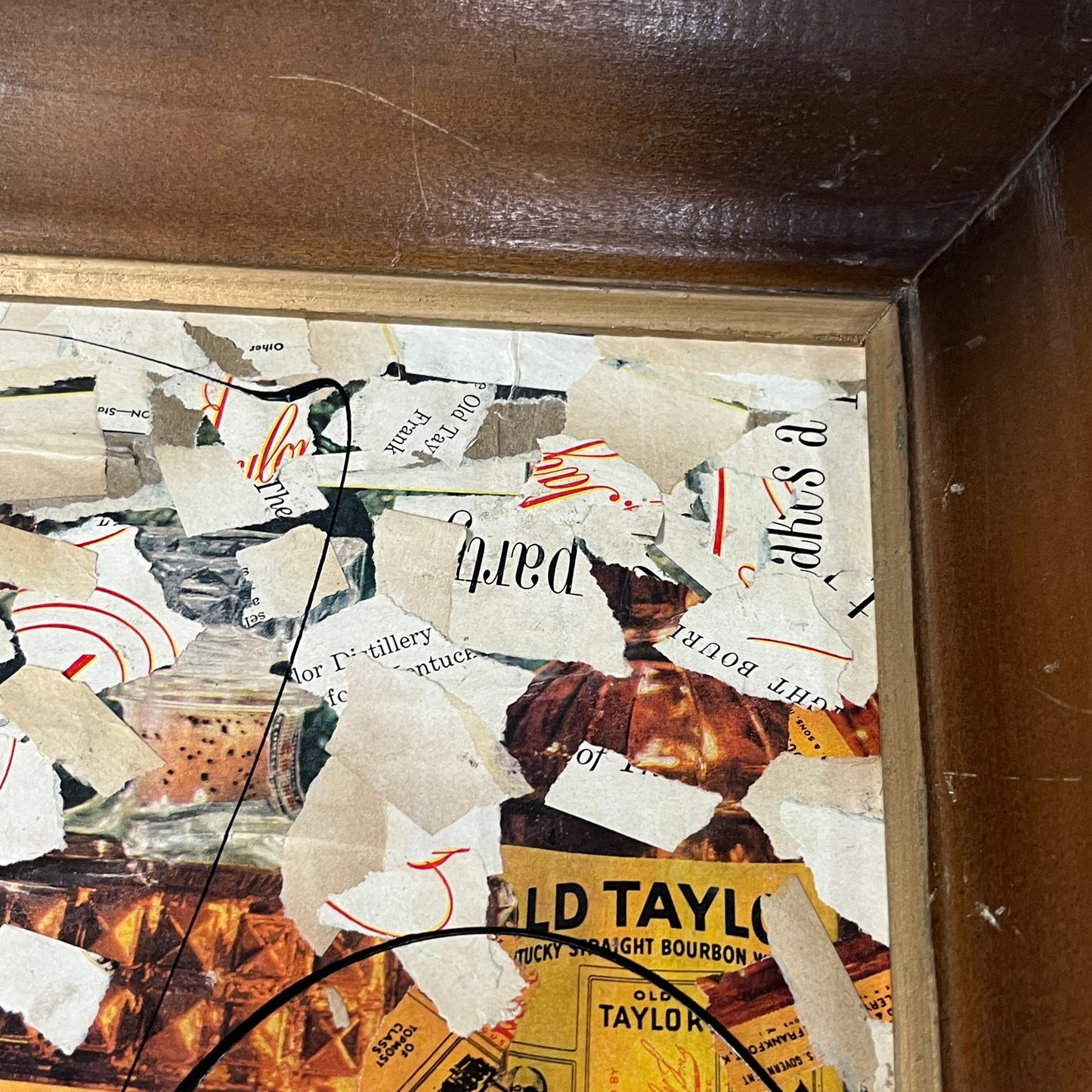 Original Framed Mixed Media Abstract Art Collage 12x14 "1952 Old Taylor Whiskey"