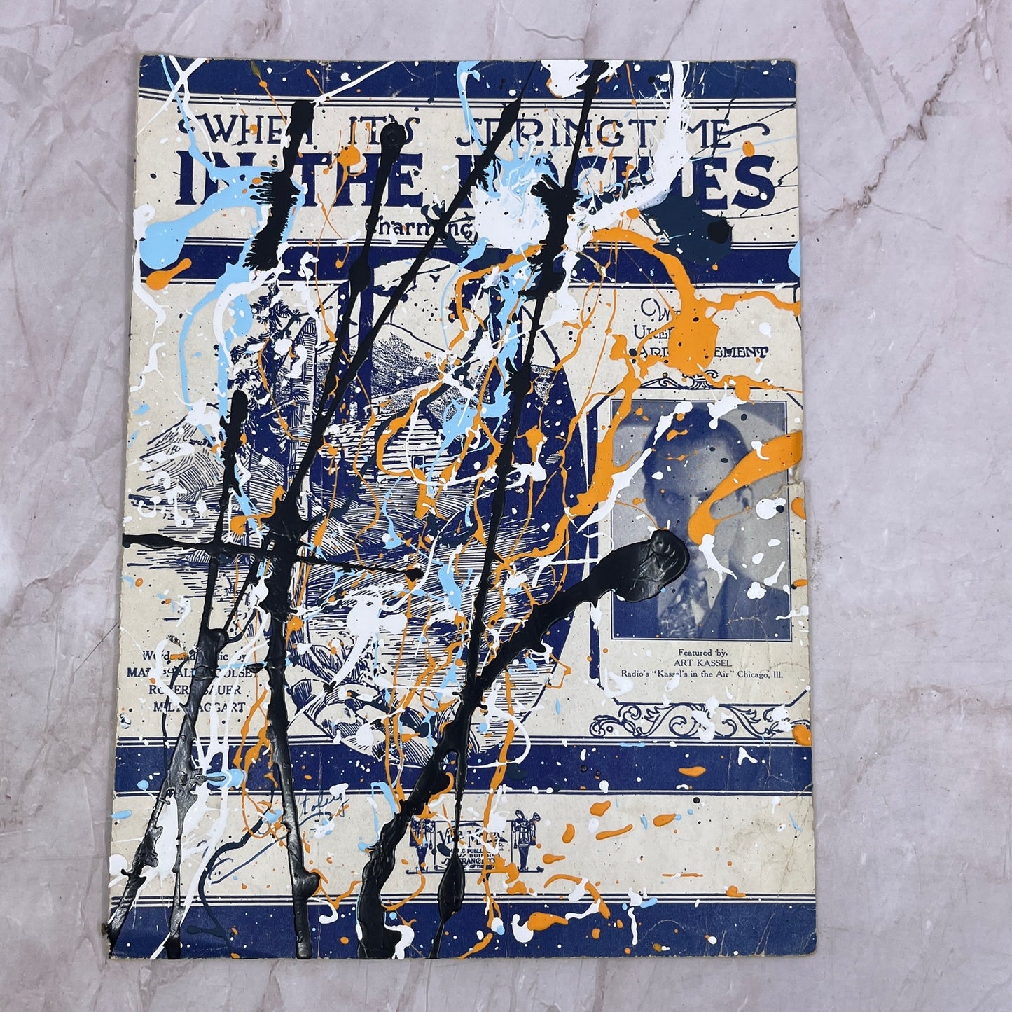 Original Abstract Art Painting Springtime in the Rockies on Antique Sheet Music