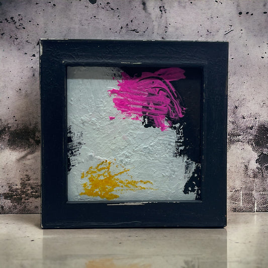 Original Miniature Framed Abstract Art Painting 3.5" Black & Pink TG8