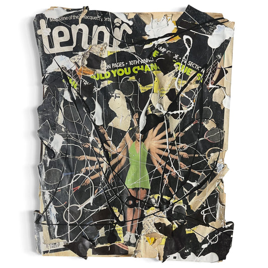 Original Mixed Media Abstract Art Collage Painting 9x12 "Jan 1977 Tennis Magazine"