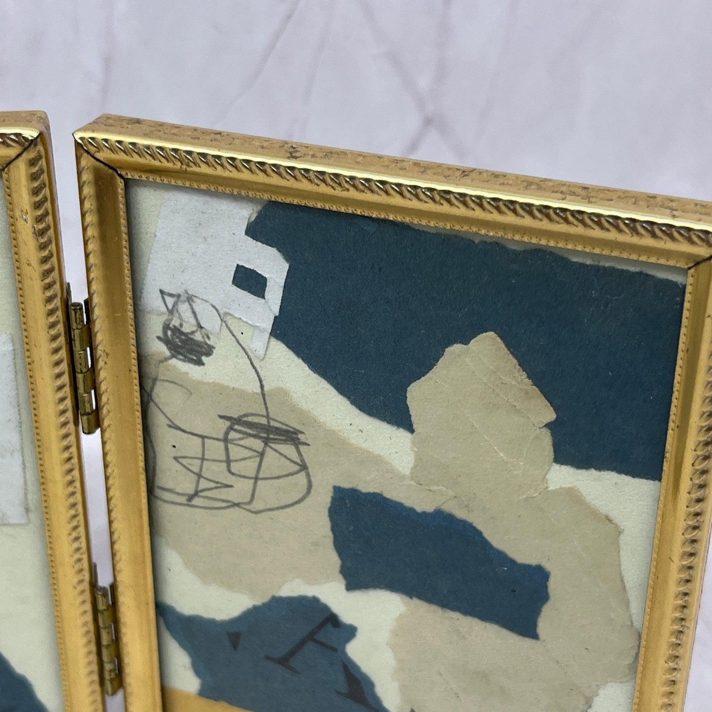 Original Framed Mixed Media Art Collage Triptych 5x11 "Navy Construct IX" TK3