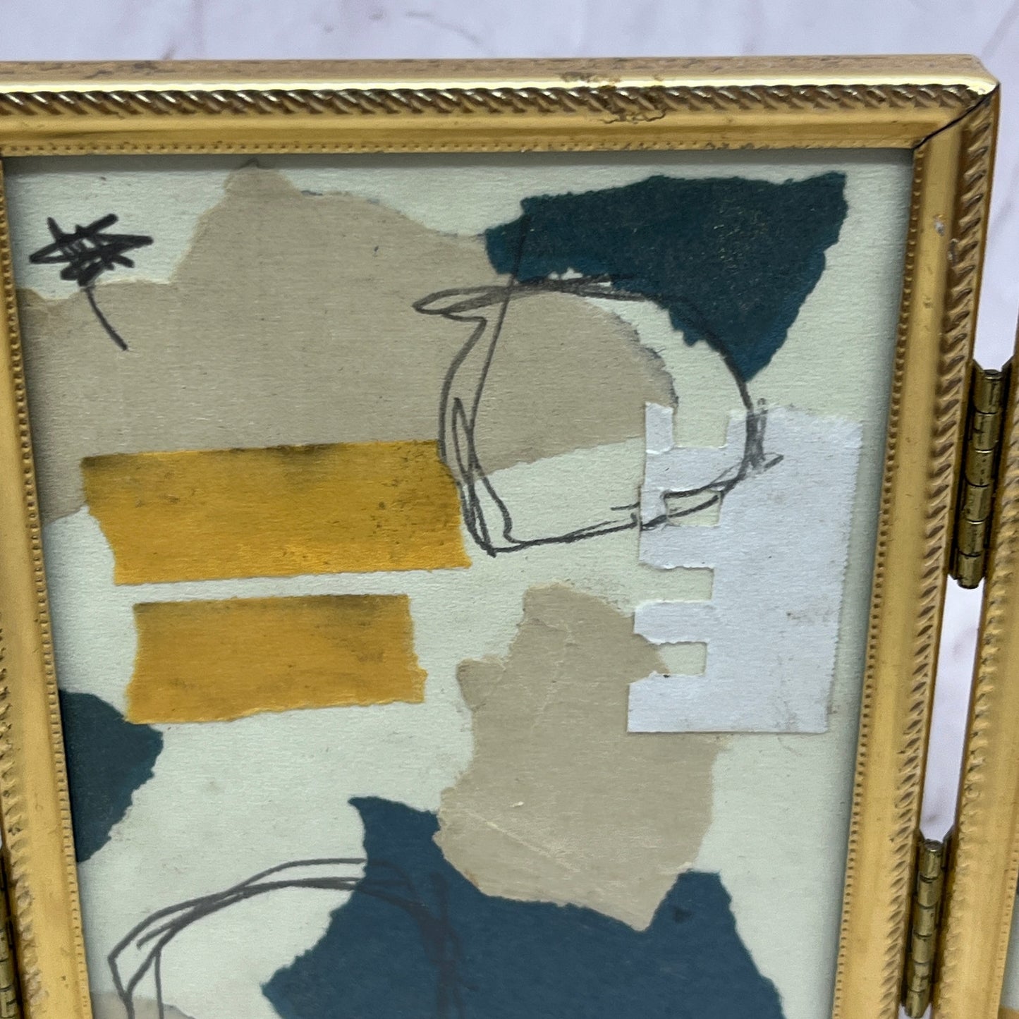 Original Framed Mixed Media Art Collage Triptych 5x11 "Navy Construct IX" TK3