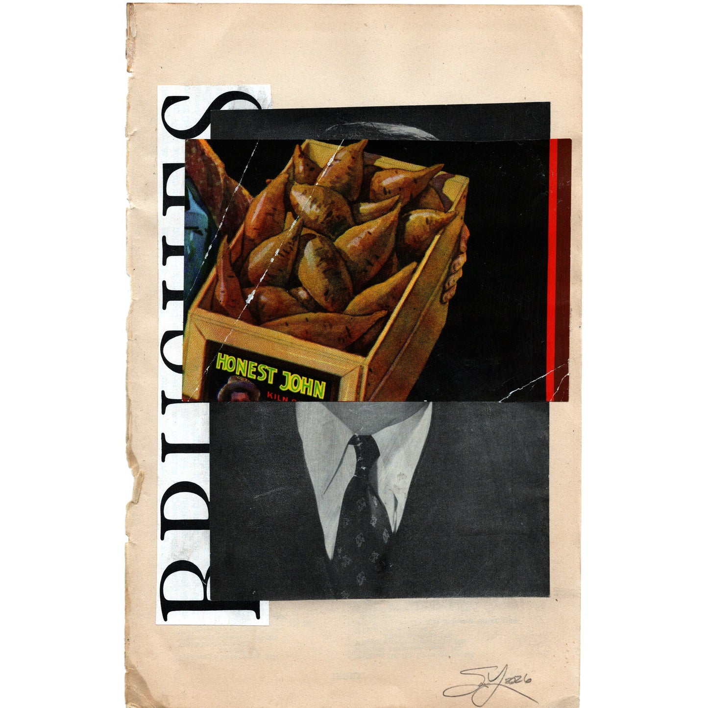 Original Mixed Media Modern Art Collage "Honest John" 5.75x9" Signed