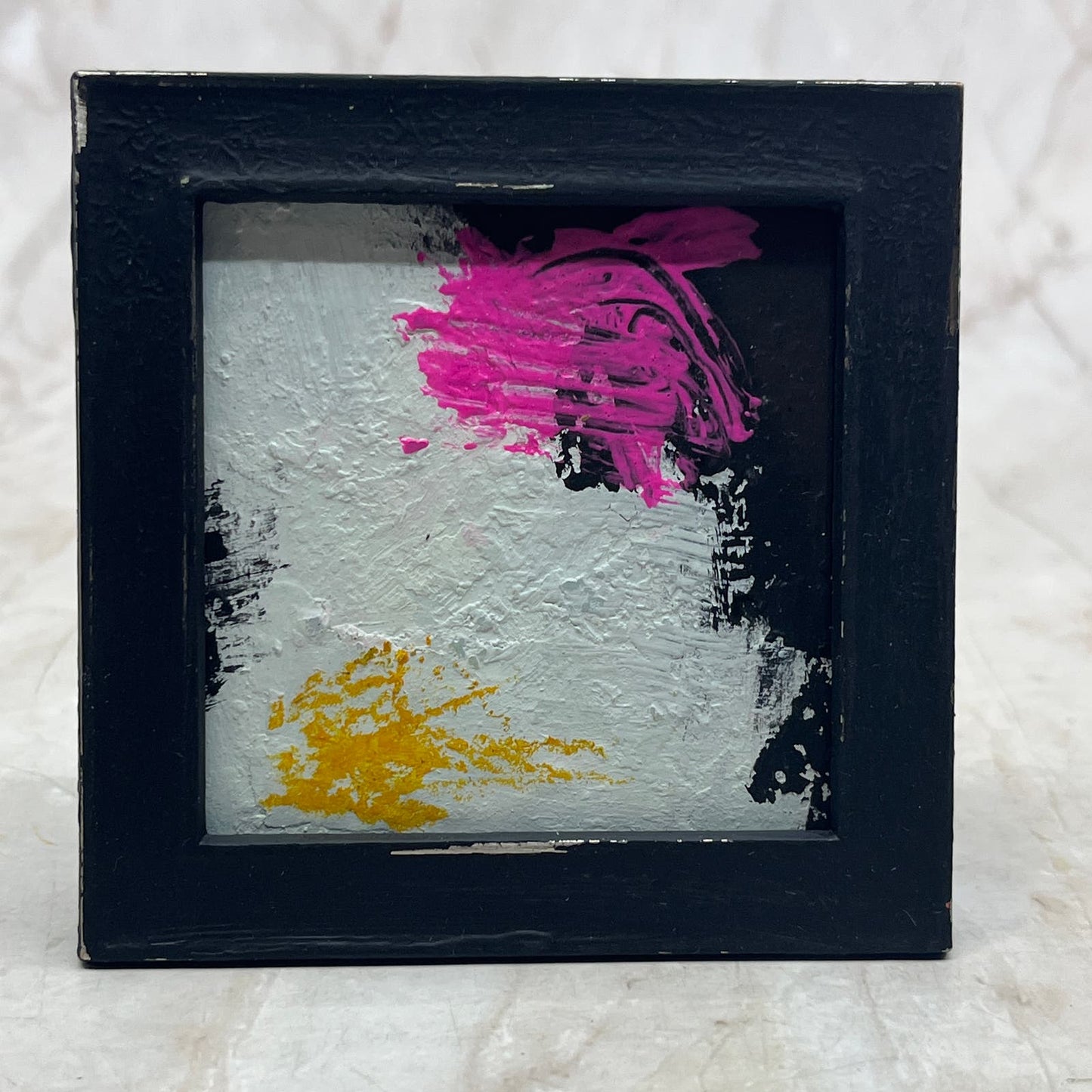 Original Miniature Framed Abstract Art Painting 3.5" Black & Pink TG8