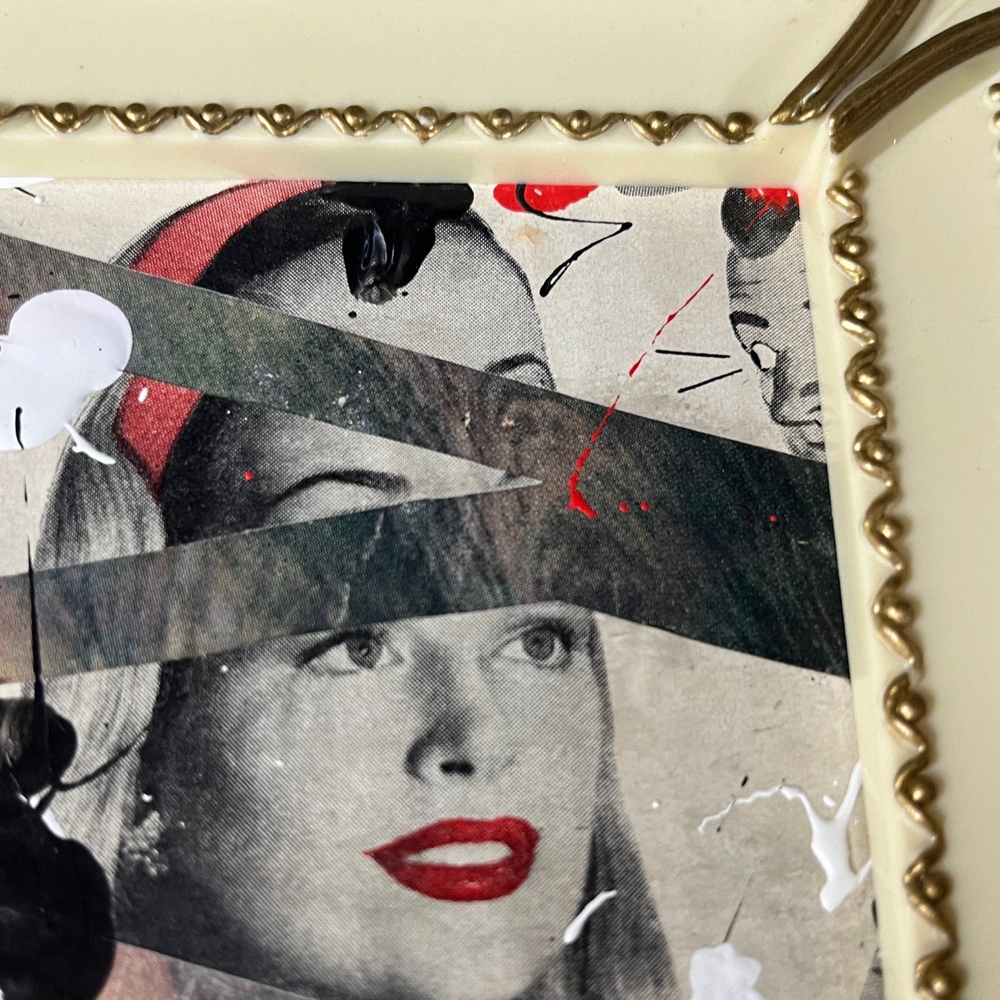 Original Framed Mixed Media Abstract Art Collage Painting 6x7 "1945 Louis Philippe Lipstick Ad"