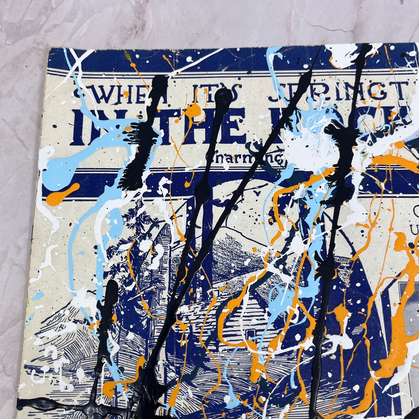 Original Abstract Art Painting Springtime in the Rockies on Antique Sheet Music