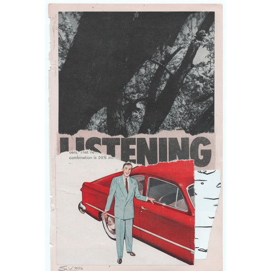Original Mixed Media Modern Art Collage "Listening" 5.75x9" Signed
