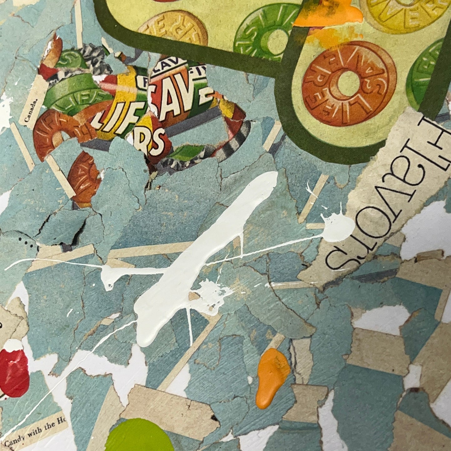 Original Mixed Media Abstract Art Collage Painting 11x14 1950s Lifesavers Ad