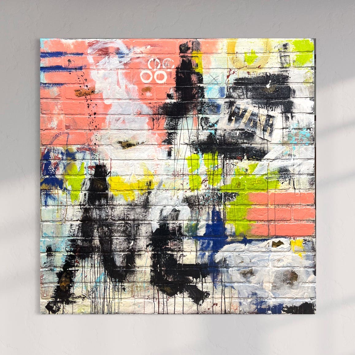 Original Huge Abstract Art Painting 48x48" 4ft On Faux Brick “War” w/ COA