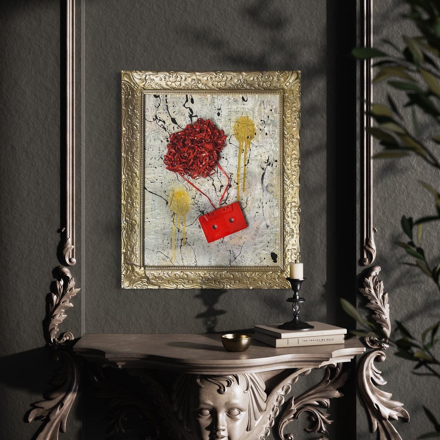 Original Framed Abstract Pop Art Assemblage Collage 19.5x16” “Red Tape” With COA