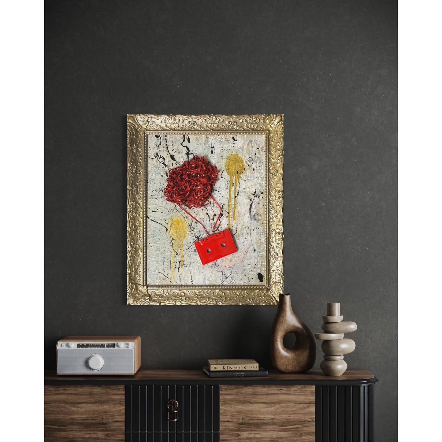 Original Framed Abstract Pop Art Assemblage Collage 19.5x16” “Red Tape” With COA