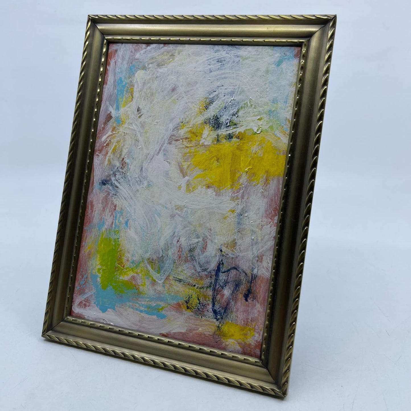 Framed Original Abstract Art Painting "Lemon Crush" Acrylic on Glass 5x7 TI6