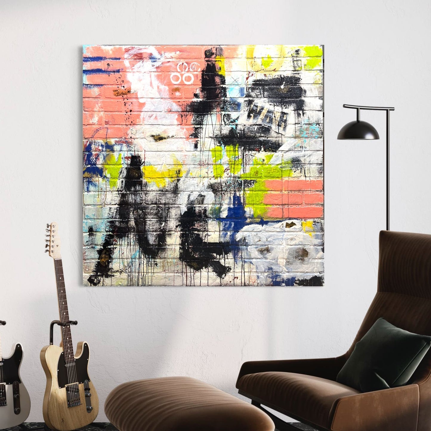 Original Huge Abstract Art Painting 48x48" 4ft On Faux Brick “War” w/ COA