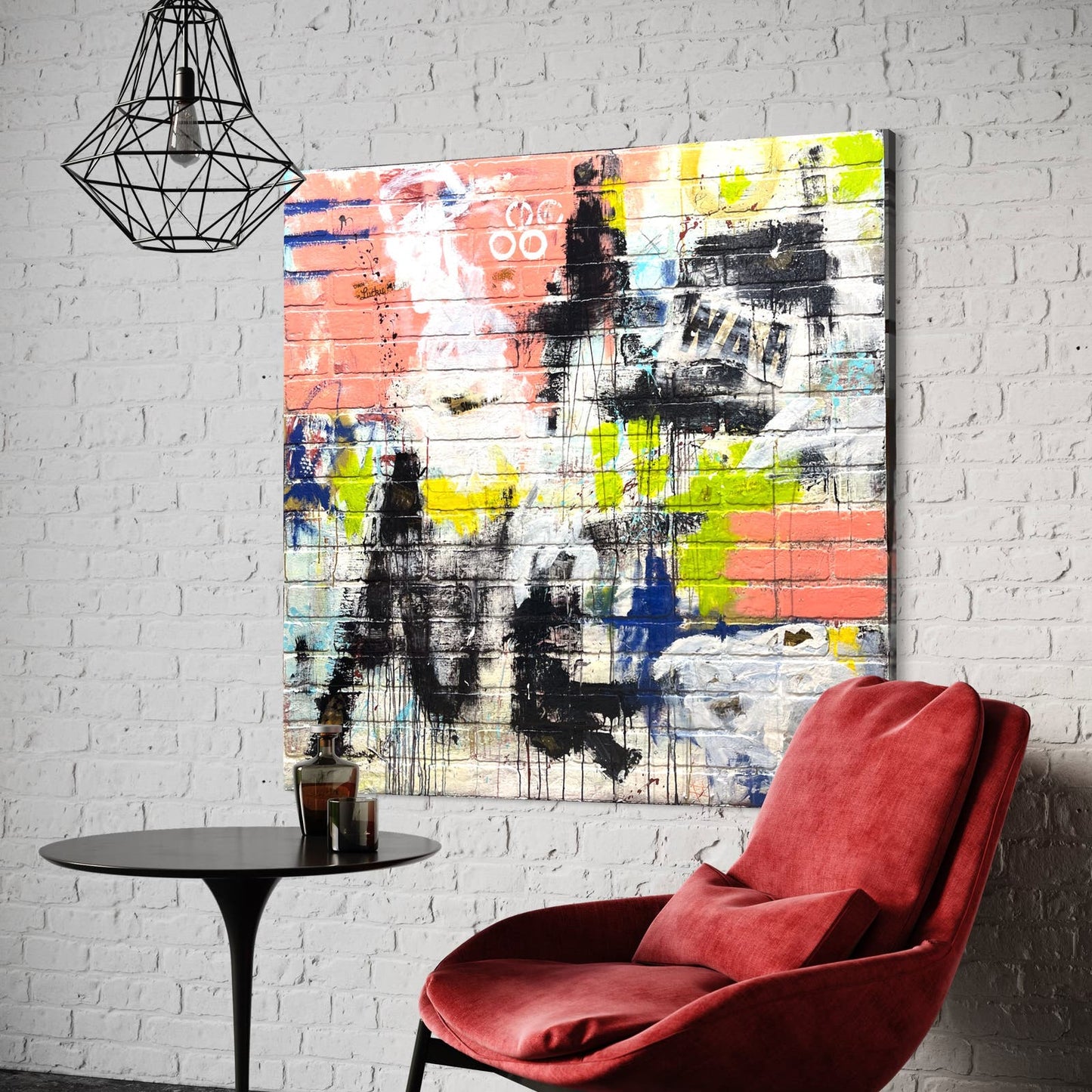 Original Huge Abstract Art Painting 48x48" 4ft On Faux Brick “War” w/ COA